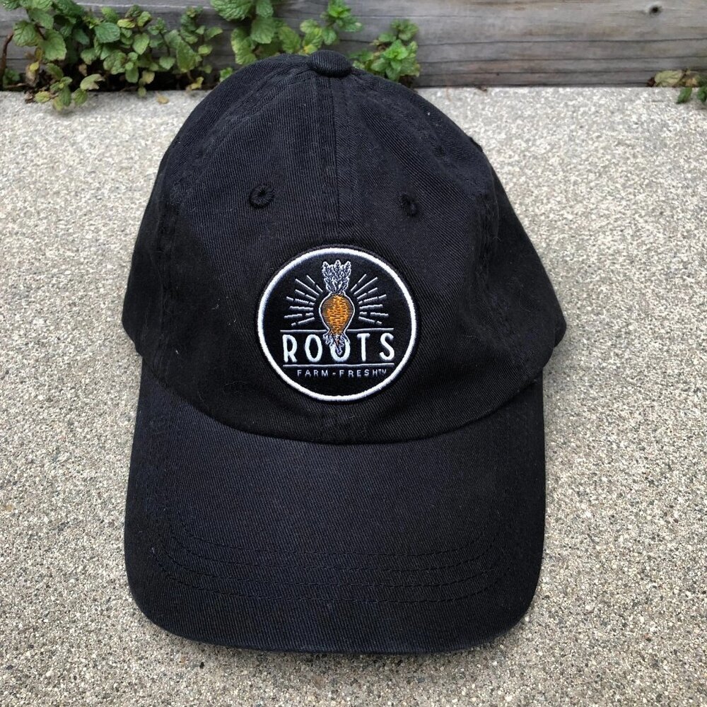 ROOTS FARM FRESH Baseball Hat Men's Adjustable Cap Black 100% Cotton